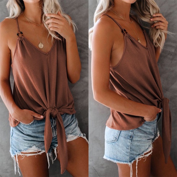 Brown Quicksand Spaghetti Strap Tank Top with Tie Detailing - Picture 13 of 13